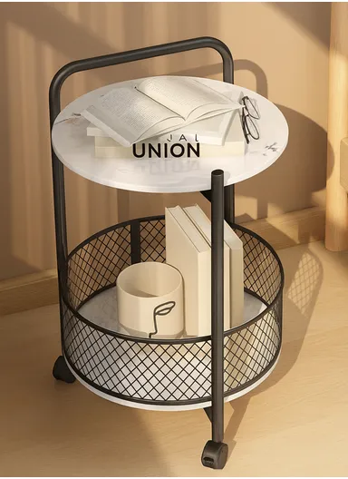 2-Tier Luxury Look Wheeled Accent Table with Storage YM071 (D40 x H60)cm - White Marble