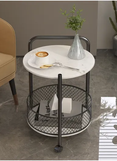 2-Tier Luxury Look Wheeled Accent Table with Storage YM071 (D40 x H60)cm - White Marble