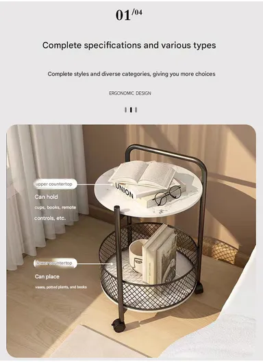 2-Tier Luxury Look Wheeled Accent Table with Storage YM071 (D40 x H60)cm - White Marble