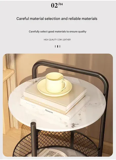 2-Tier Luxury Look Wheeled Accent Table with Storage YM071 (D40 x H60)cm - White Marble