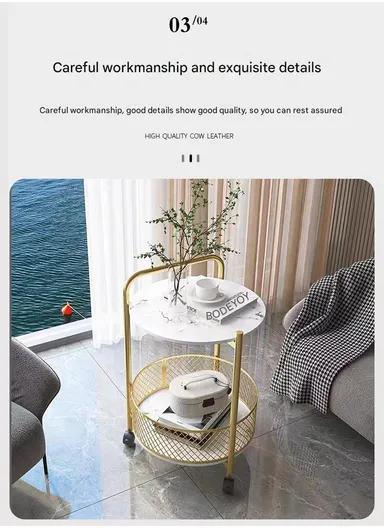 2-Tier Luxury Look Wheeled Accent Table with Storage YM071 (D40 x H60)cm - White Marble