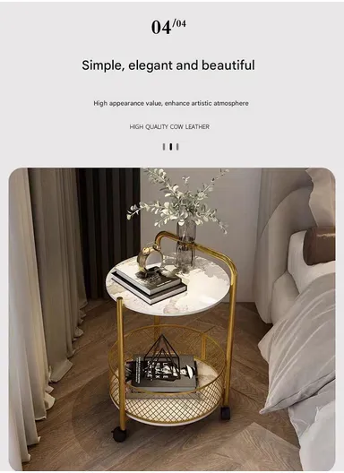 2-Tier Luxury Look Wheeled Accent Table with Storage YM071 (D40 x H60)cm - White Marble