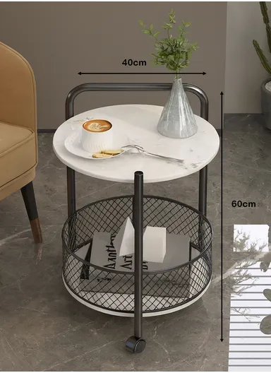 2-Tier Luxury Look Wheeled Accent Table with Storage YM071 (D40 x H60)cm - White Marble