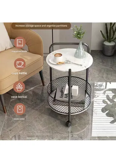 2-Tier Luxury Look Wheeled Accent Table with Storage YM071 (D40 x H60)cm - White Marble