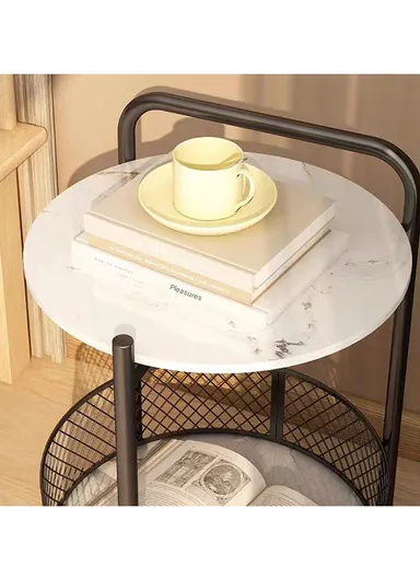 2-Tier Luxury Look Wheeled Accent Table with Storage YM071 (D40 x H60)cm - White Marble