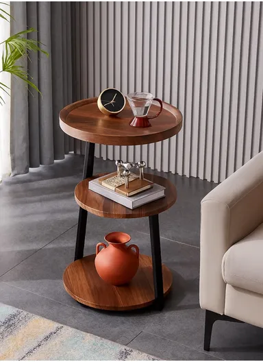 3-Tier Round Side Table with Walnut Tabletops and Black Metal Frame YM064