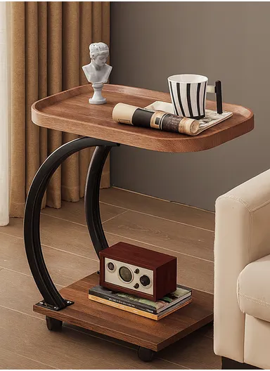 2-Tier C-Shape Rolling Side Table with Walnut Finish &amp; Black Frame (L52 x W34 x H58)cm YM045