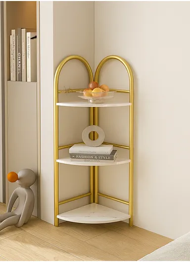3-Tier Corner Style Storage Rack Organizer, Home Decor Rack Organizer YM027 (W51 x D34 x H90)cm - White &amp; Gold