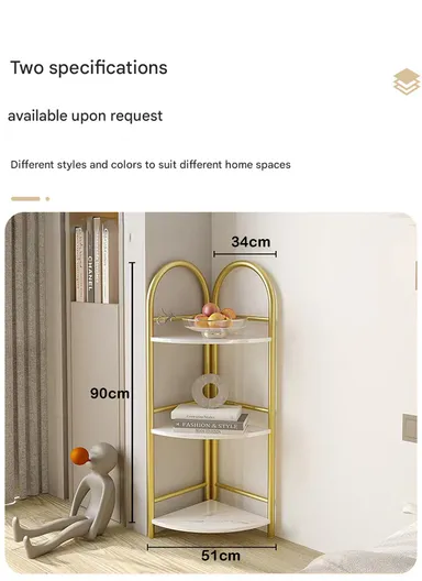 3-Tier Corner Style Storage Rack Organizer, Home Decor Rack Organizer YM027 (W51 x D34 x H90)cm - White &amp; Gold