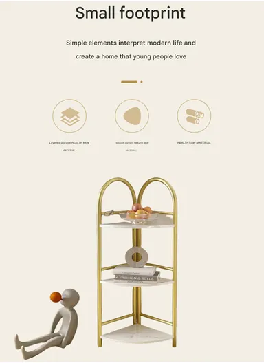 3-Tier Corner Style Storage Rack Organizer, Home Decor Rack Organizer YM027 (W51 x D34 x H90)cm - White &amp; Gold
