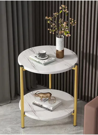 2-Tier Modern Round Coffee Table, Small End Table with Faux Marble Top &amp; Gold Metal Frame