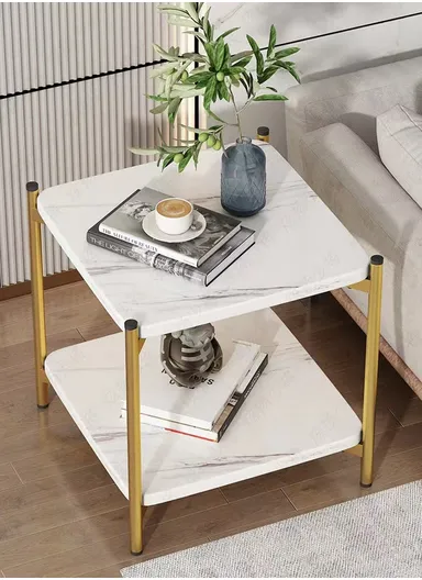 2-Tier Modern Square Coffee Table, Small End Table with Faux Marble Top &amp; Gold Metal Frame