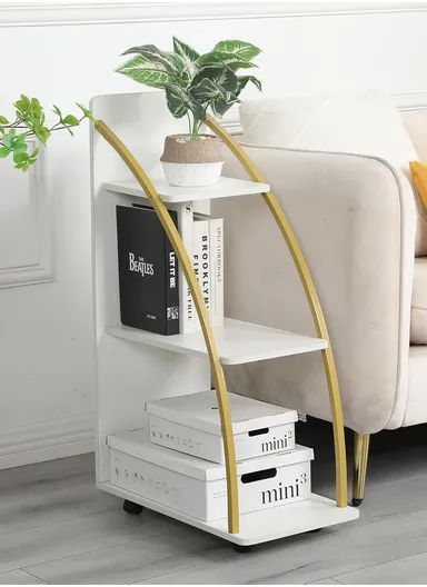 3-Tier Rolling Rack, Stylish Storage Shelving Unit with White Shelves &amp; Curved Gold Metal Frame