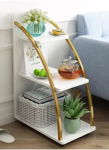 3-Tier Rolling Rack, Stylish Storage Shelving Unit with White Shelves &amp; Curved Gold Metal Frame