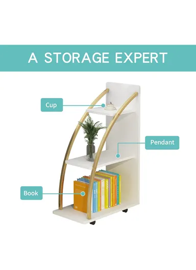 3-Tier Rolling Rack, Stylish Storage Shelving Unit with White Shelves &amp; Curved Gold Metal Frame