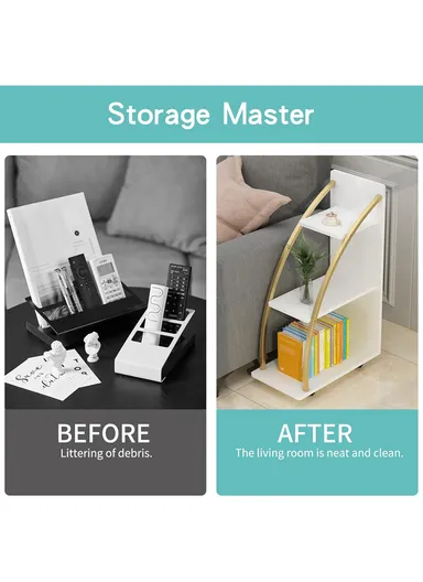 3-Tier Rolling Rack, Stylish Storage Shelving Unit with White Shelves &amp; Curved Gold Metal Frame