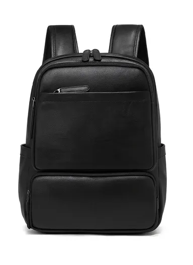 15.6" Water-Resistant Classic Retro PU Leather Backpack with Trolley Sleeve &amp; Laptop Compartment 16562 E10 - Black