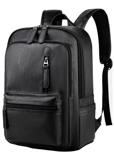 Spacious Classic Leather Backpack Stylish Bag with Multiple Compartments, &amp; Luggage Strap 16281 (W25 x D18 x H39)cm - Black