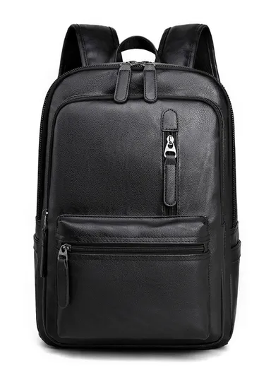 Spacious Classic Leather Backpack Stylish Bag with Multiple Compartments, &amp; Luggage Strap 16281 (W25 x D18 x H39)cm - Black