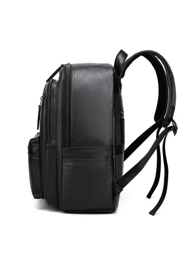 Spacious Classic Leather Backpack Stylish Bag with Multiple Compartments, &amp; Luggage Strap 16281 (W25 x D18 x H39)cm - Black