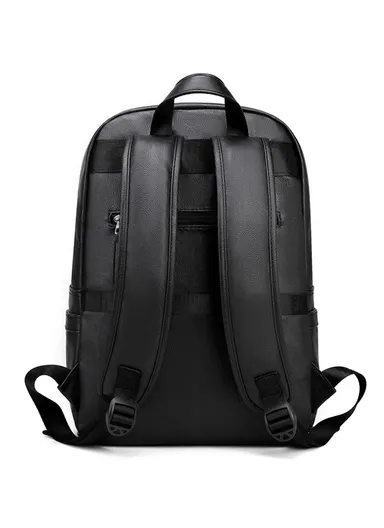 Spacious Classic Leather Backpack Stylish Bag with Multiple Compartments, &amp; Luggage Strap 16281 (W25 x D18 x H39)cm - Black