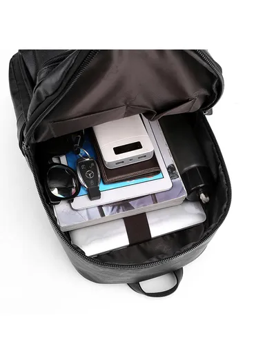 Spacious Classic Leather Backpack Stylish Bag with Multiple Compartments, &amp; Luggage Strap 16281 (W25 x D18 x H39)cm - Black