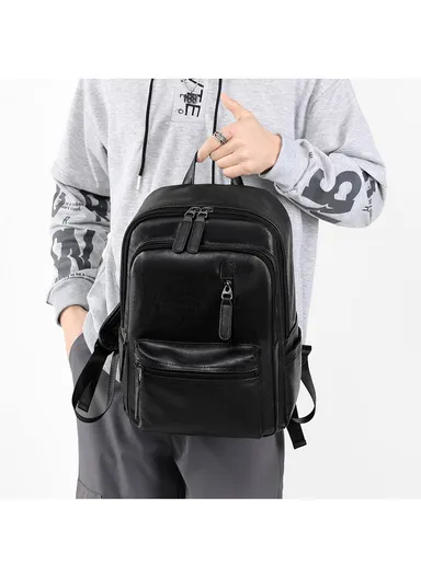Spacious Classic Leather Backpack Stylish Bag with Multiple Compartments, &amp; Luggage Strap 16281 (W25 x D18 x H39)cm - Black
