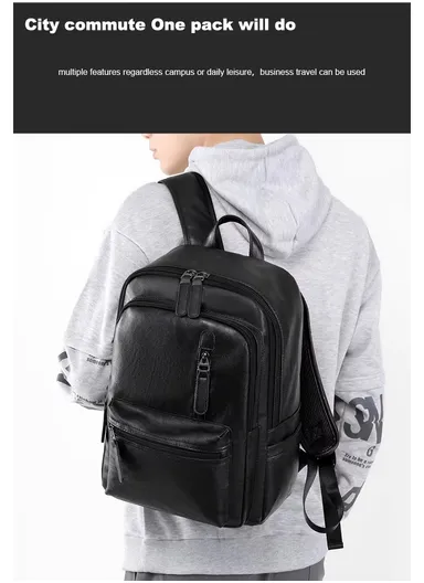 Spacious Classic Leather Backpack Stylish Bag with Multiple Compartments, &amp; Luggage Strap 16281 (W25 x D18 x H39)cm - Black