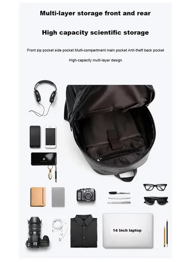 Spacious Classic Leather Backpack Stylish Bag with Multiple Compartments, &amp; Luggage Strap 16281 (W25 x D18 x H39)cm - Black