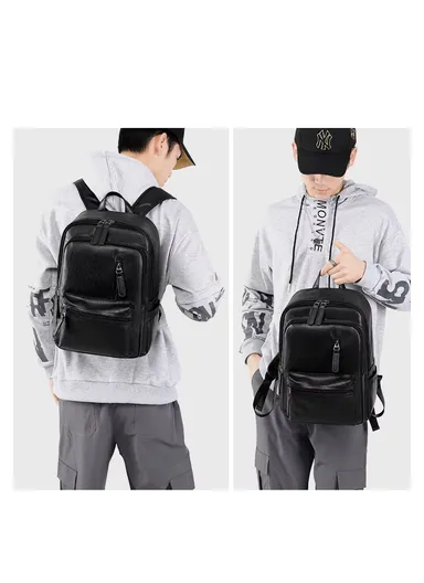 Spacious Classic Leather Backpack Stylish Bag with Multiple Compartments, &amp; Luggage Strap 16281 (W25 x D18 x H39)cm - Black