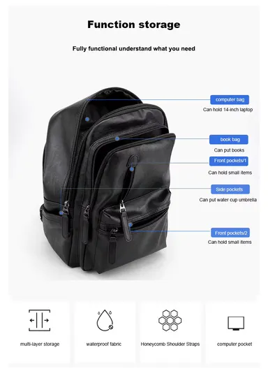 Spacious Classic Leather Backpack Stylish Bag with Multiple Compartments, &amp; Luggage Strap 16281 (W25 x D18 x H39)cm - Black