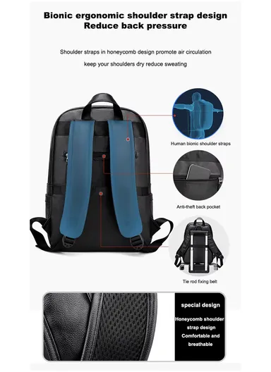 Spacious Classic Leather Backpack Stylish Bag with Multiple Compartments, &amp; Luggage Strap 16281 (W25 x D18 x H39)cm - Black