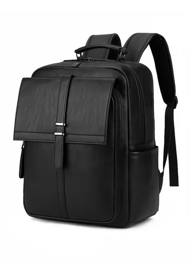 15.6" Water-Resistant Retro PU Leather Backpack with Trolley Sleeve &amp; Laptop Compartment 506 E10 - Black