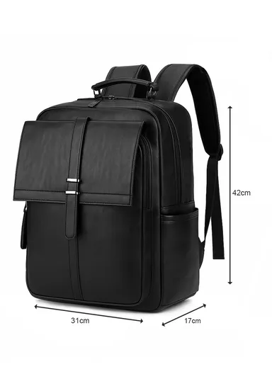 15.6" Water-Resistant Retro PU Leather Backpack with Trolley Sleeve &amp; Laptop Compartment 506 E10 - Black