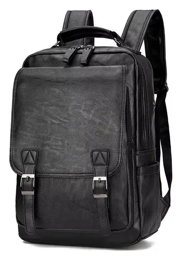 14" Classic PU Leather Backpack Business Casual Bag with Laptop Compartment &amp; Anti-Theft Buckles 8080 E10 - Black