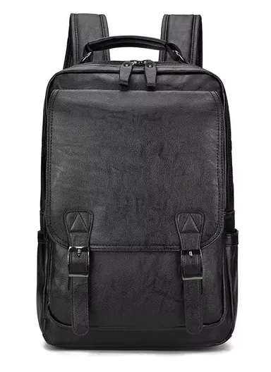 14" Classic PU Leather Backpack Business Casual Bag with Laptop Compartment &amp; Anti-Theft Buckles 8080 E10 - Black