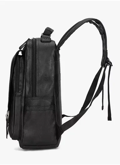 14" Classic PU Leather Backpack Business Casual Bag with Laptop Compartment &amp; Anti-Theft Buckles 8080 E10 - Black