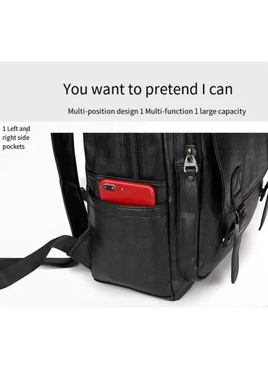 14" Classic PU Leather Backpack Business Casual Bag with Laptop Compartment &amp; Anti-Theft Buckles 8080 E10 - Black