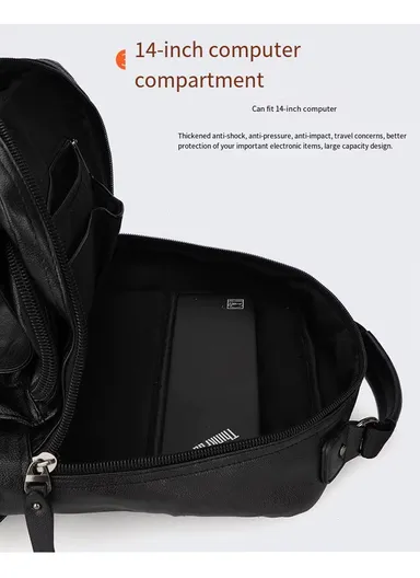 14" Classic PU Leather Backpack Business Casual Bag with Laptop Compartment &amp; Anti-Theft Buckles 8080 E10 - Black