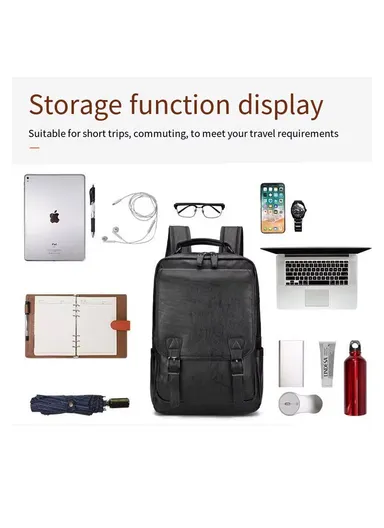 14" Classic PU Leather Backpack Business Casual Bag with Laptop Compartment &amp; Anti-Theft Buckles 8080 E10 - Black
