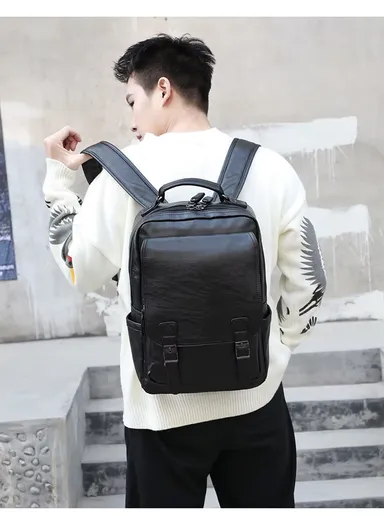 14" Classic PU Leather Backpack Business Casual Bag with Laptop Compartment &amp; Anti-Theft Buckles 8080 E10 - Black