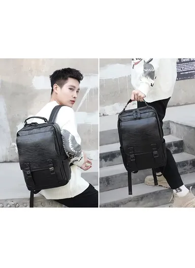14" Classic PU Leather Backpack Business Casual Bag with Laptop Compartment &amp; Anti-Theft Buckles 8080 E10 - Black