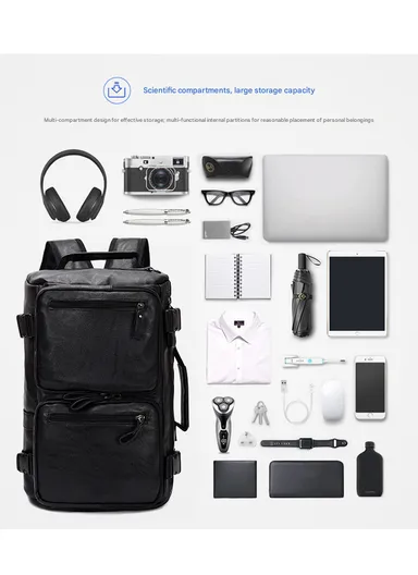 15.6" Inch Laptop Backpack Multifunctional Premium PU Leather Business Backpack with 3 Wearing Ways Retro Travel Bag For Tour 8185-3 (W28 x D19 x H42)cm - Black