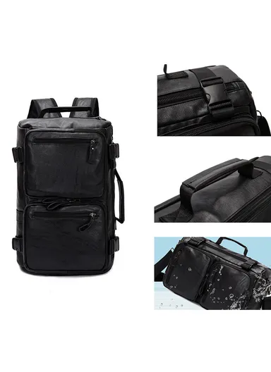 15.6" Inch Laptop Backpack Multifunctional Premium PU Leather Business Backpack with 3 Wearing Ways Retro Travel Bag For Tour 8185-3 (W28 x D19 x H42)cm - Black