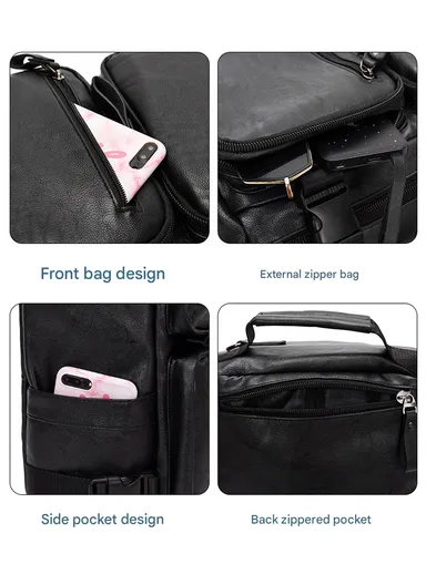 15.6" Inch Laptop Backpack Multifunctional Premium PU Leather Business Backpack with 3 Wearing Ways Retro Travel Bag For Tour 8185-3 (W28 x D19 x H42)cm - Black