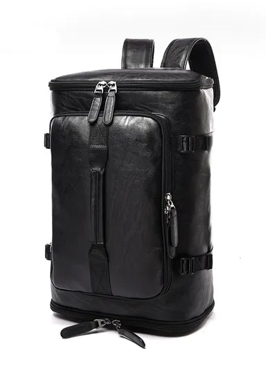 Water-Resistant PU Versatile Backpack Multi-Functional Travel Bag with Trolley Sleeve &amp; Laptop Compartment 8184 F8 - Black
