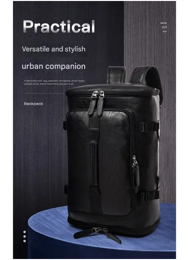Water-Resistant PU Versatile Backpack Multi-Functional Travel Bag with Trolley Sleeve &amp; Laptop Compartment 8184 F8 - Black