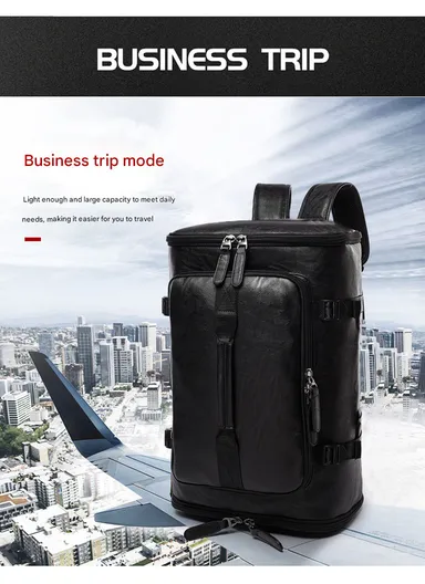 Water-Resistant PU Versatile Backpack Multi-Functional Travel Bag with Trolley Sleeve &amp; Laptop Compartment 8184 F8 - Black