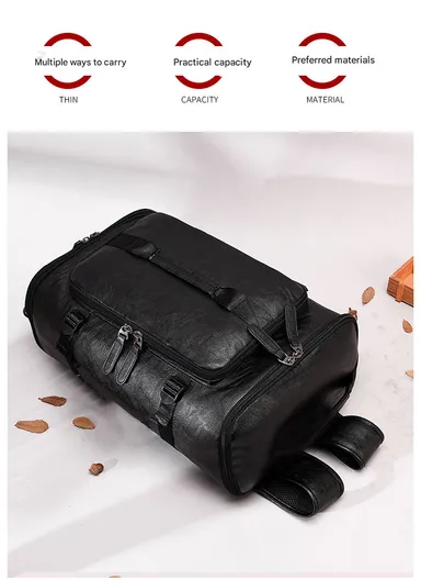 Water-Resistant PU Versatile Backpack Multi-Functional Travel Bag with Trolley Sleeve &amp; Laptop Compartment 8184 F8 - Black