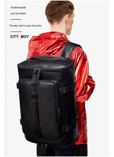 Water-Resistant PU Versatile Backpack Multi-Functional Travel Bag with Trolley Sleeve &amp; Laptop Compartment 8184 F8 - Black